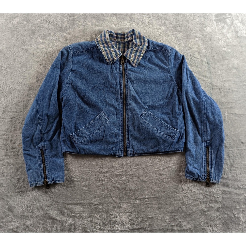 VTG 90s Orvis Jacket Womens Small Blue Cropped Denim Plaid Reversible Zip READ